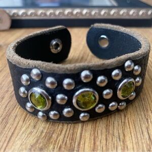 Black Leather Studded Bracelet with Green Accents